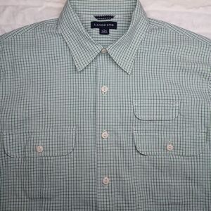 Lands’ End Men’s Short Sleeve Button-Down Shirt Green Check Plaid | Size M